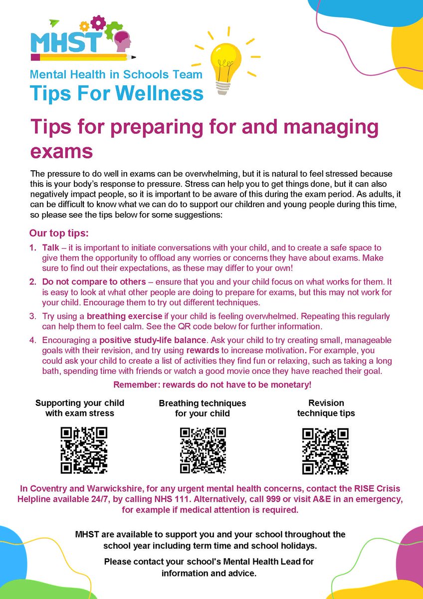 With mock exams approaching, please take a look at the advice being offered by the Mental Health in School's Team. If you have any concerns regarding your child and the upcoming exams, please contact their tutor.
