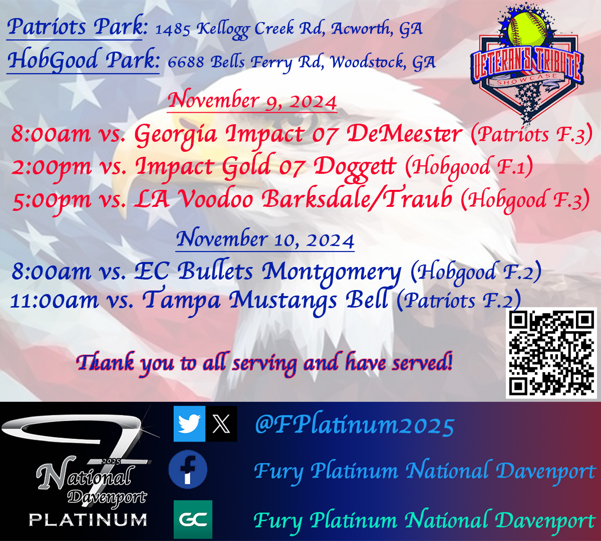 Fury Platinum National Davenport (2025) (@fplatinum2025) on Twitter photo Next up The Veterans Tribute Showcase! Coaches we would love to see you again this weekend! <a href="/FuryPlatinum/">FuryPlatinumSoftballClub</a> <a href="/tributeshowcase/">Tribute Showcase</a> <a href="/ExtraInningSB/">EXTRA INNING SOFTBALL</a> Next up The Veterans Tribute Showcase! Coaches we would love to see you again this weekend! <a href="/FuryPlatinum/">FuryPlatinumSoftballClub</a> <a href="/tributeshowcase/">Tribute Showcase</a> <a href="/ExtraInningSB/">EXTRA INNING SOFTBALL</a>