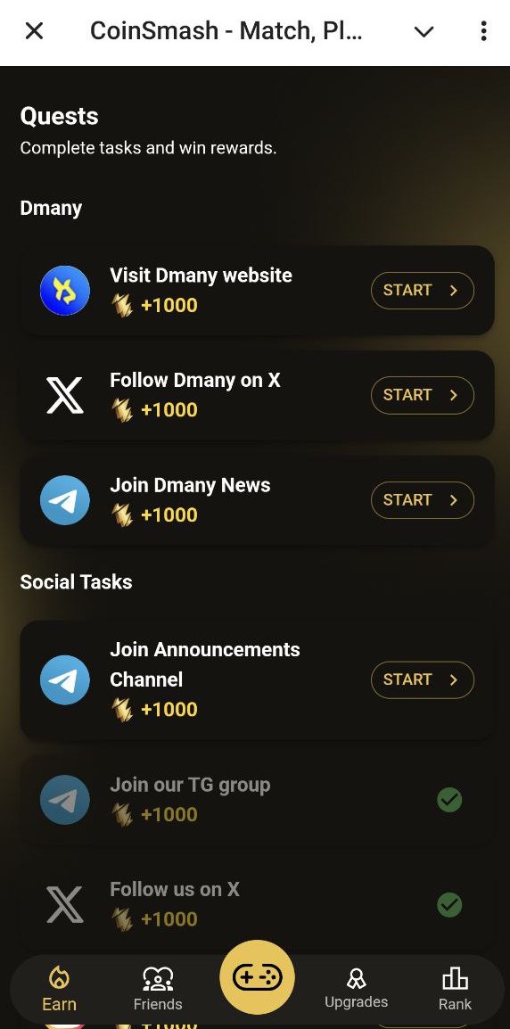 🔥 New Way to Earn Just Dropped! 🔥

Explore brand-new tasks in the 'Earn' section from our friends at <a href="/dmanyio/">dmany</a> ! 💼✨

More rewards, more chances to build your profile—right in Coin Smash. 💰

Ready to start earning? Check it out now! 👇

t.me/iluminaryai_bo…