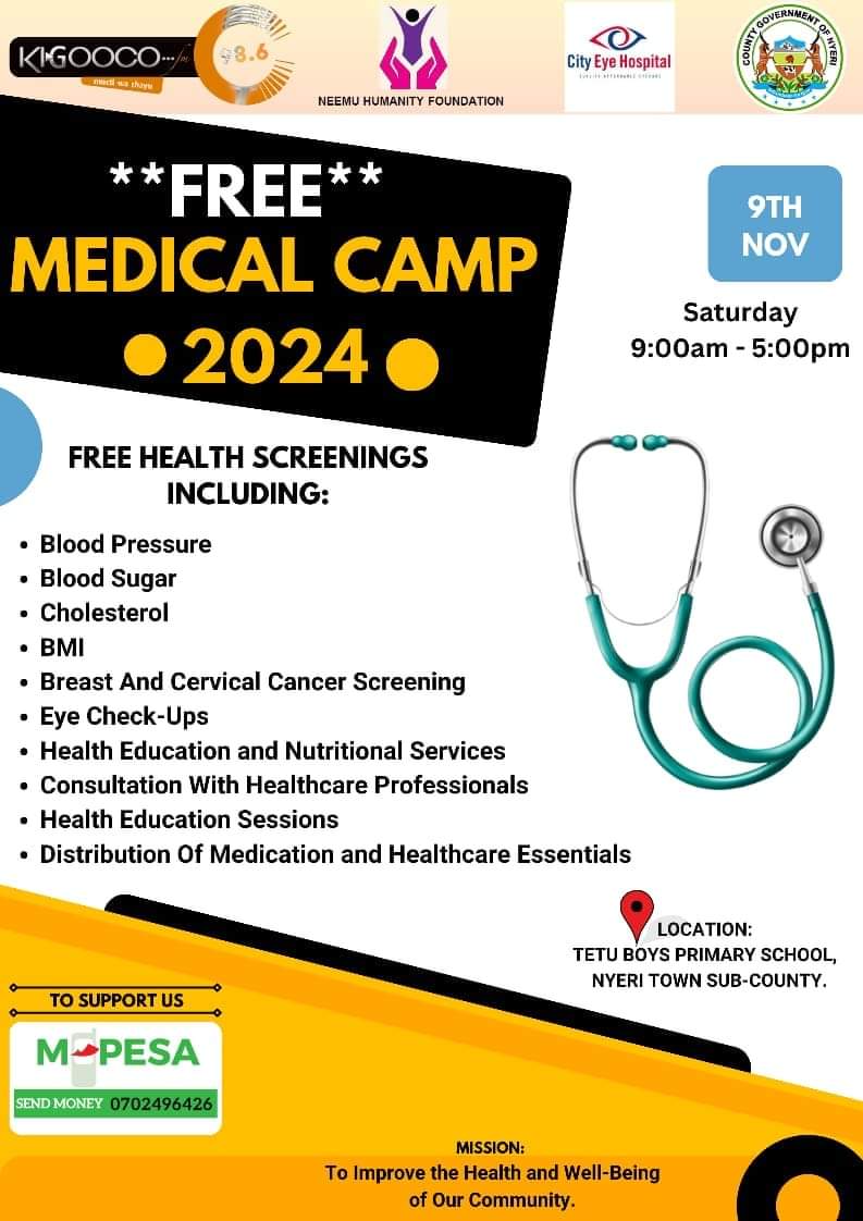 Counting down days! Aikari a Nyeri na matuura marìa marigicìirie turì kwanyu kiumia gìukìte!
Usipitwe na hii 
FREE MEDICAL CAMP at Tetu Boys Primary School Nyeri 
Tell a friend to tell a friend 🧡 
#KigoocoFmKenya
