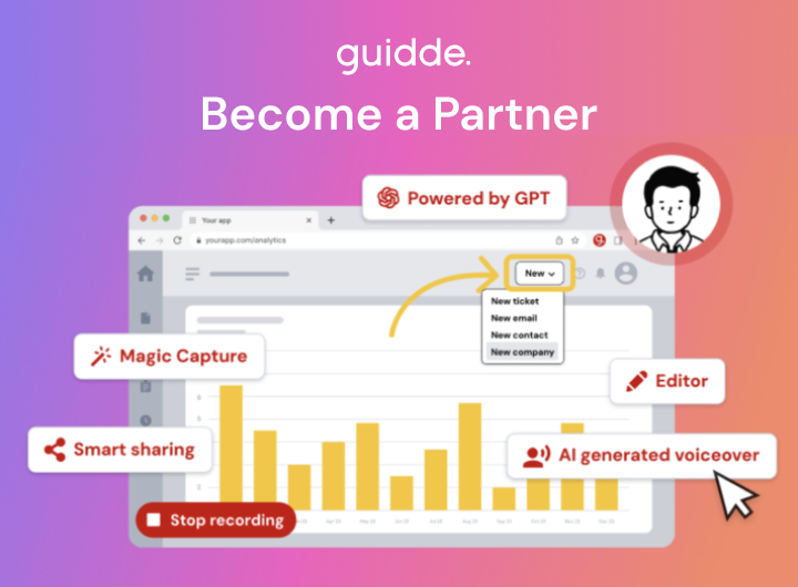 guidde (@guiddeco) on Twitter photo Introducing the Guidde #PartnerProgram! ✨ 
Join forces with #Guidde, the leading #AI-powered video documentation platform. Led by Eyal Zurr, this program offers a unique opportunity to drive innovation & growth. #DigitalTransformation
Apply ➡️ bit.ly/4fcEEd2 Introducing the Guidde #PartnerProgram! ✨ 
Join forces with #Guidde, the leading #AI-powered video documentation platform. Led by Eyal Zurr, this program offers a unique opportunity to drive innovation & growth. #DigitalTransformation
Apply ➡️ bit.ly/4fcEEd2
