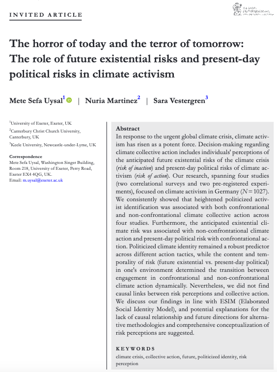 metesefauysal's tweet image. 🚨Fresh from the oven at British Journal of Social Psychology #OpenAccess
We examined the role of the anticipated existential future risk of climate crisis (risk of inaction) and present-day political risks of climate activism (risk of action) on climate collective action. 1/6