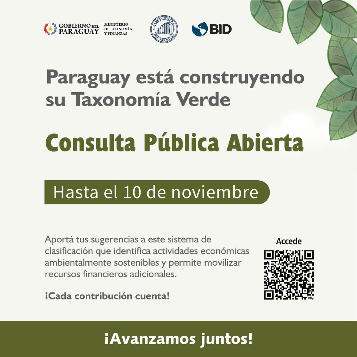 MEF_Paraguay's tweet image. 📢 La consulta pública sobre #TaxonomíaVerde de #Paraguay🇵🇾 estará disponible hasta el 10/Nov.
Esta es una oportunidad para que cada persona contribuya a la construcción de una herramienta estratégica fundamental para el desarrollo sostenible del país.

➡️ lc.cx/6OpJdI