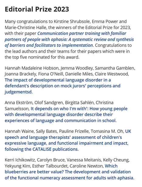 IJLCD (@ijlcd) on Twitter photo Congratulations to the winner of the 2023 IJLCD Editors' prize - Kirstine Shrubsole and colleagues! 🥳 And to those nominated in the top 5! Check them out @ International Journal of Language & Communication Disorders - Wiley Online Library @MCAsupporttool <a href="/salonikrishnan/">Dr Saloni Krishnan</a> Congratulations to the winner of the 2023 IJLCD Editors' prize - Kirstine Shrubsole and colleagues! 🥳 And to those nominated in the top 5! Check them out @ International Journal of Language & Communication Disorders - Wiley Online Library @MCAsupporttool <a href="/salonikrishnan/">Dr Saloni Krishnan</a>