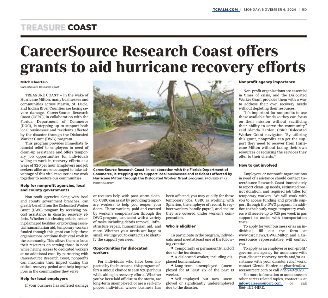 careersourcerc's tweet image. CareerSource Research Coast is able to help with Hurricane Milton recovery and employment efforts. If you know someone who meets the qualifications, let them know help is here for them. 
#CareerSource #HurricaneMilton  #TCPalm