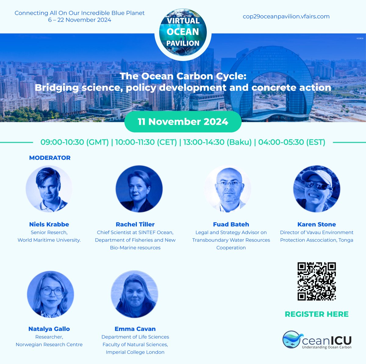 OceanICU is hosting a VOP session at  COP29
The Ocean Carbon Cycle – Bridging Science, Policy Development and Concrete Action
📅11 Nov
⏲️10(CET)  9 (GMT)
<a href="/REA_research/">European Research Executive Agency</a> <a href="/WMUHQ/">World Maritime University</a> <a href="/NORCEresearch/">NORCE</a>  <a href="/imperialcollege/">Imperial College London</a> <a href="/emma_cavan/">Emma Cavan</a> <a href="/Natalya_Gallo/">Dr. Natalya Gallo</a> <a href="/racheltiller/">Rachel Haug Fossbakk (formerly Tiller)</a> <a href="/FBateh/">Fuad Bateh</a> <a href="/HorizonEU/">Horizon Europe 🇪🇺</a> #EUGreendeal