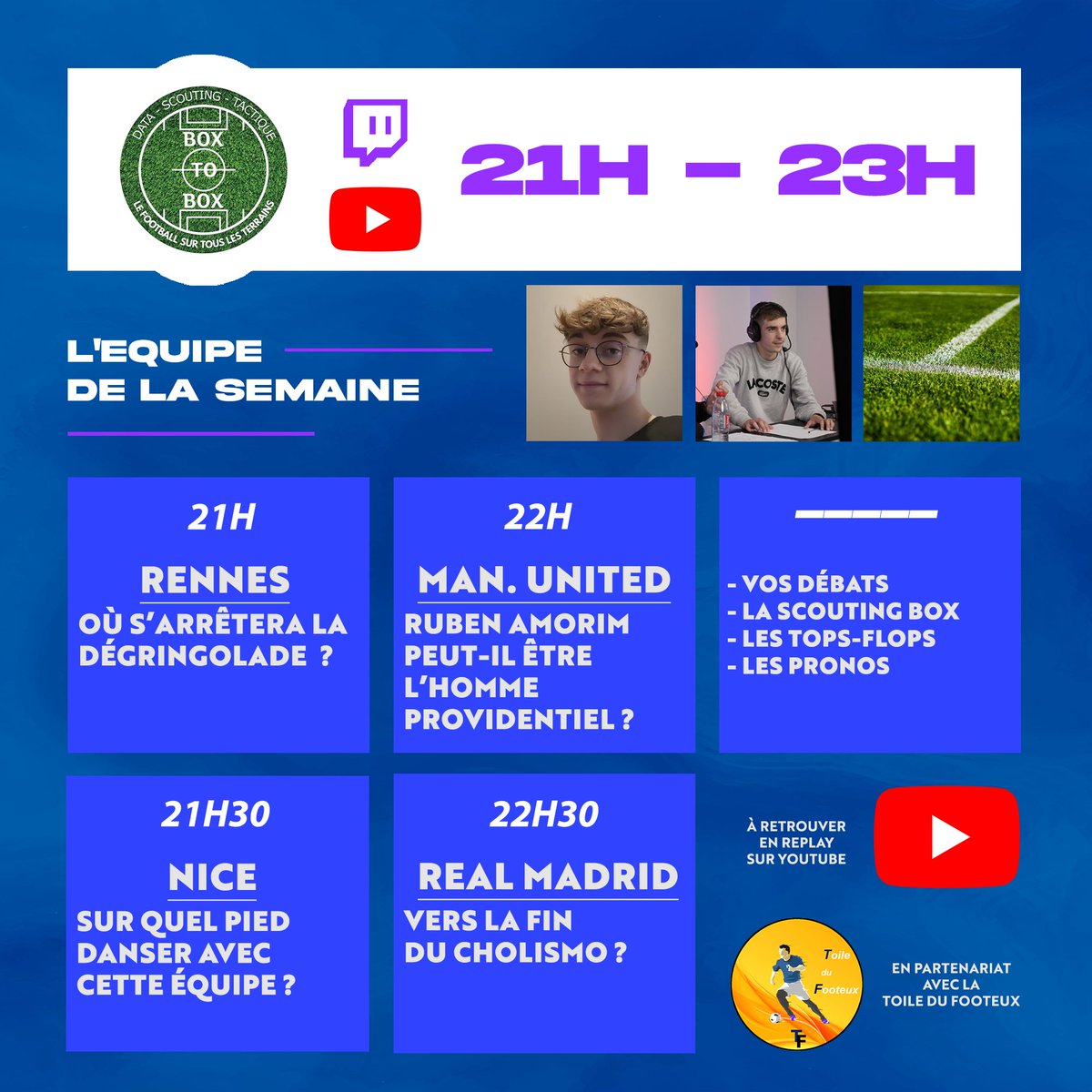 🚨 LE PROGRAMME DU SOIR ! 🚨

RDV à 21h (et non pas 20h !) sur Twitch et YouTube avec <a href="/enzopailot/">Enzo Pailot</a>, <a href="/nathan_bigue/">Nathan Bigué</a> et <a href="/LB_Football9999/">LB Football</a>  après ce nouveau très gros week-end foot ! 🤩

À ce soir l'équipe ! 🫡

🔗🟣twitch.tv/boxtobox7
🔗🔴youtube.com/@BoxToBox7