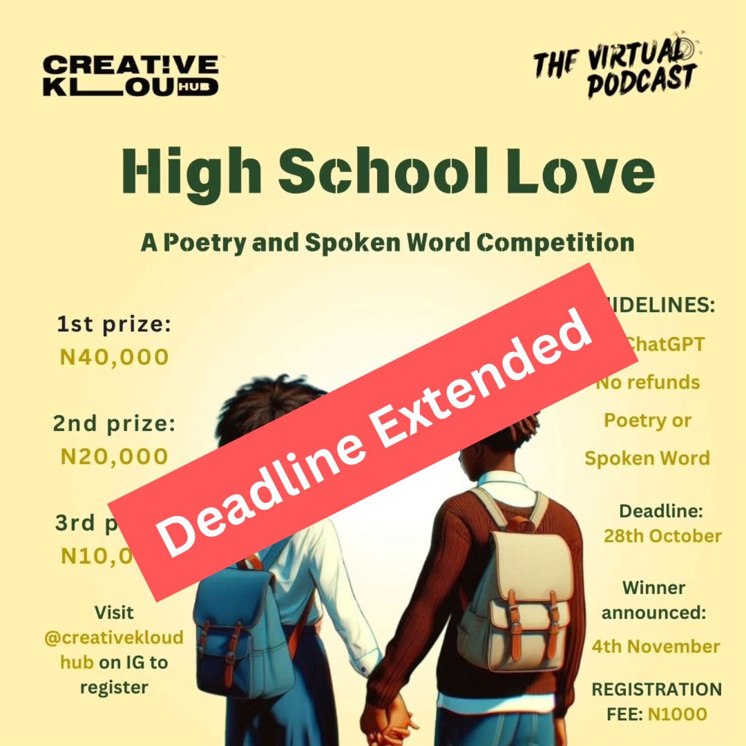 creativekloud's tweet image. Due to pupular demand we have extended the deadline for submission to November 9, 2024.

Remember that you can send in spoken word entries too as  our judges will annouce the final winner on the 15th of November, 2024.

Episode 1 coming out soon.

Stay Creative💜

#ck…