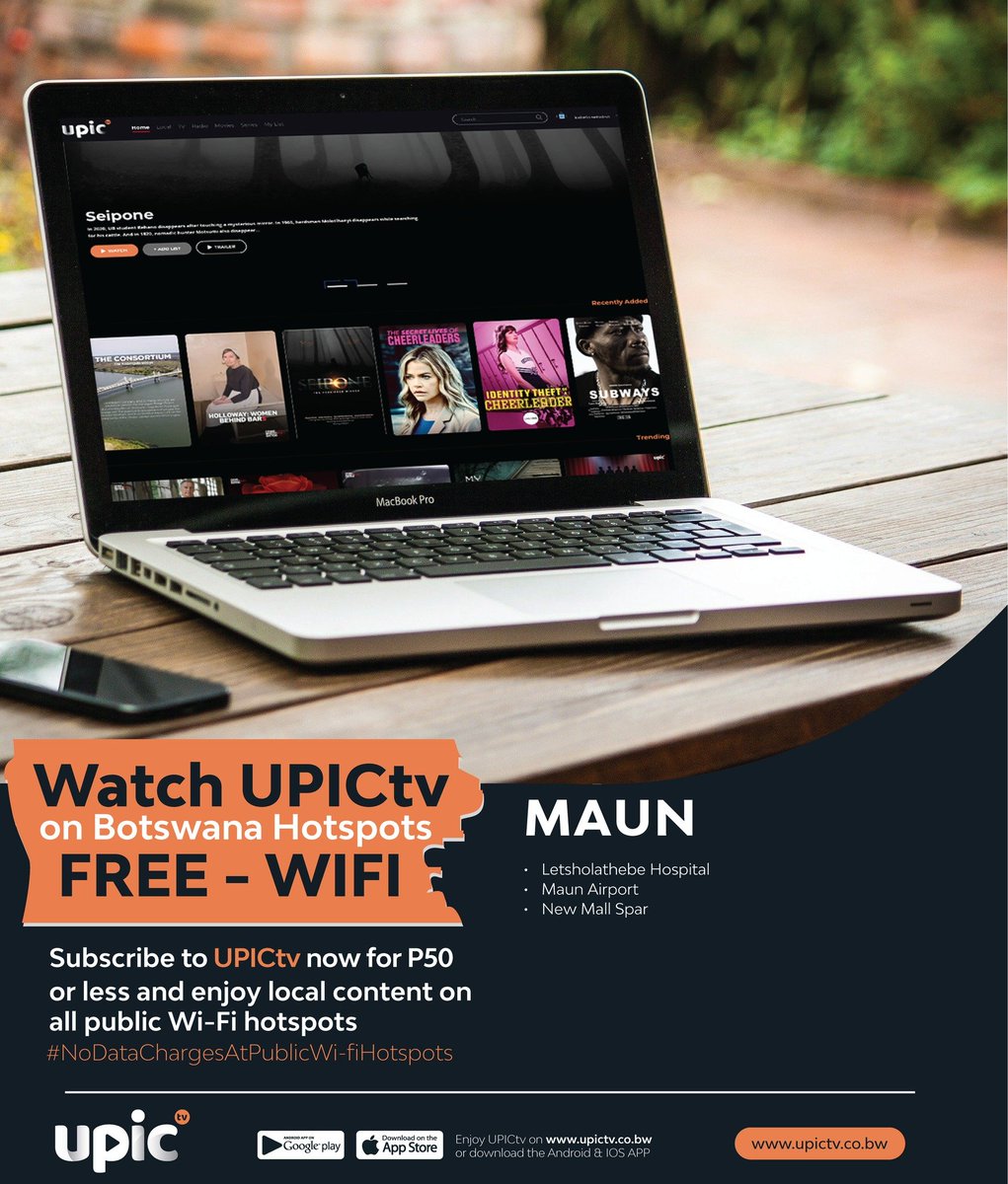 "Maun" Did you know that #LetsholathebeHospital, #Airport, and #NewMallSpar offer free Wi-Fi hotspots? Stream local sports, entertainment, and news on UPICtv with no data charges! Just subscribe to a UPICtv package and enjoy

#NoDataChargesAtPublicWiFiHotspots