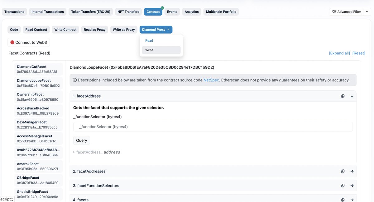 🆕 Diamond Proxy Support (Beta)

Contracts following the ERC-2535: Diamonds, Multi-Facet Proxy standard now have their facet contracts displayed in the Contract tab 💎