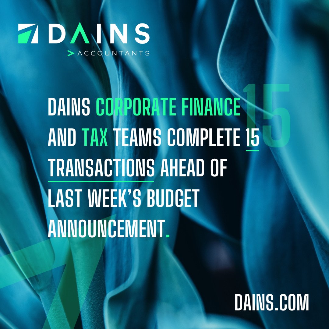 We're delighted to announce that our Corporate Finance and Tax teams have had an incredibly busy month, successfully completing 15 transactions ahead of the Budget announcement.

Thanks to all of our clients and professional contacts who have helped make this happen!