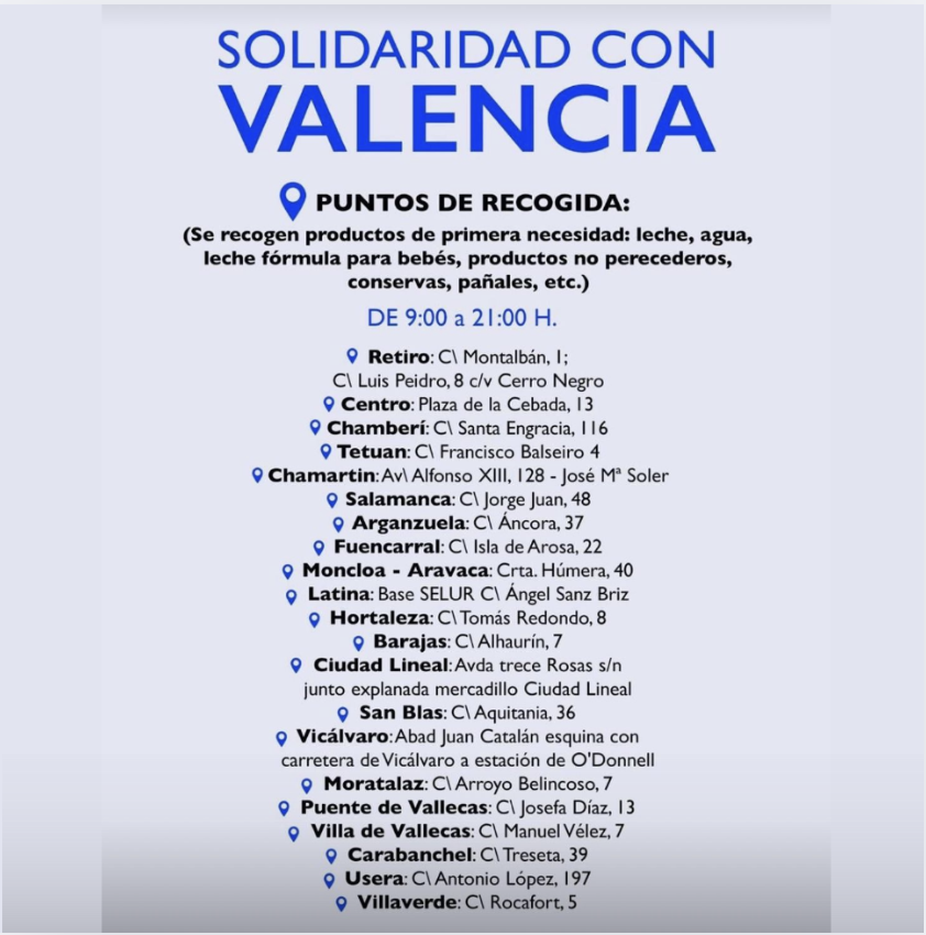 Ahora más que nunca sumemos apoyos para ayudar a Valencia 
En MWCC siempre tendréis un aliado 
Os facilitamos los puntos de recogida de alimentos y material facilitados por el Ayuntamiento de Madrid