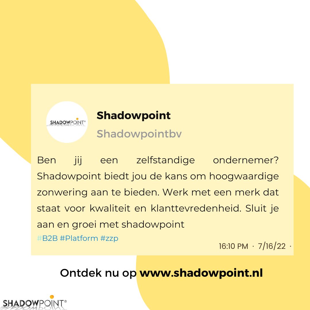 Kijk op: shadowpoint.nl ☀️

#zonwering #zzp #innovatie #B2B 
#comfort #samenwerking #zelfstandige #geldverdienen #ondernemen #shadowpoint #eigenmargebepalen #ondersteuning #platform #uniek #dealerschap #ruimassortiment