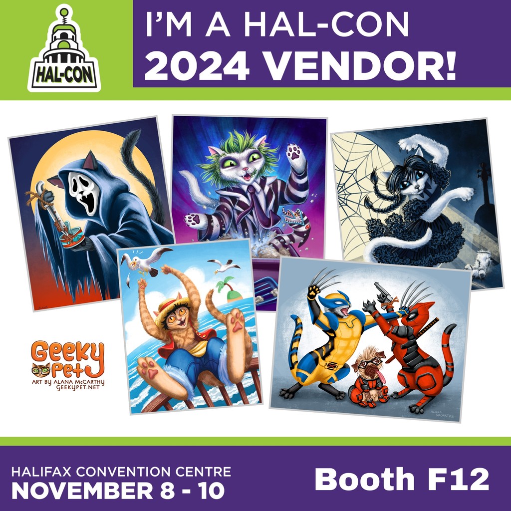 GeekyPetNFT's tweet photo. I'm thrilled to announce that I'll be at Hal-Con 2024!
Find me at Booth F12 from November 8-10 at the Halifax Convention Centre. Can't wait to share all my geeky cat art with you!
#halcon2024 #geekypetart #catcosplay #boothf12 #geekyart #comicon #halloween #illustration #catart https://t.co/BQmKVRoypn
