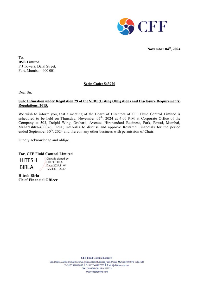 nileshkurhade's tweet image. 📌 CFF Fluid Control Limited informed the exchange about a scheduled Board meeting on November 7, 2024, at 4:00 PM to discuss and approve the RESTATED financials for the period ended September 30, 2024. #SME #CFF 🤷🏻📅