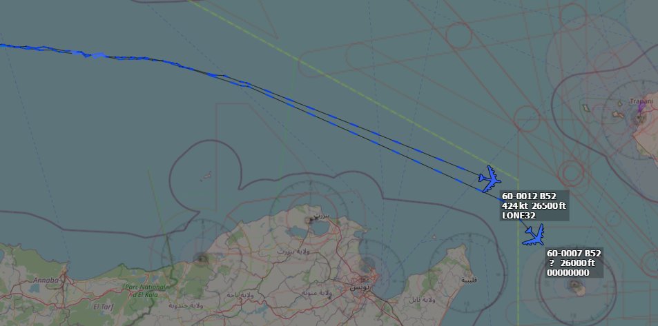 Andyyyyrrrr's tweet photo. LONE 31 x2 #USAF B-52/H #Stratofortress's
Both LONE flt #B52's are Tracking, Heading East into the Med Sea.
More 'MT' (#Minot) Tails for Al Udeid, This will Make a total of x6 Deployed to the Region now.
#KMIB #OTBH #XJD
#LONE31 60-0007/#AE5871
#LONE32 60-0012/#AE5875 https://t.co/j9Ylttujbo