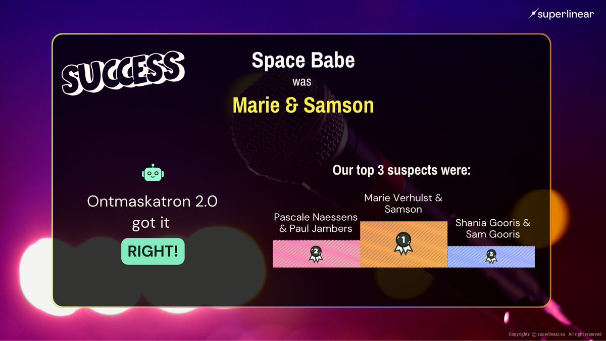 Another win for #Ontmaskatron! 🎉 
The AI nailed it, correctly identifying Space Babe as Marie and Scooter as Samson! 

No surprise here—they were both top of the AI’s list from the start! 🎭👏 #TheMaskedSinger <a href="/VTM/">VTM</a> #AI