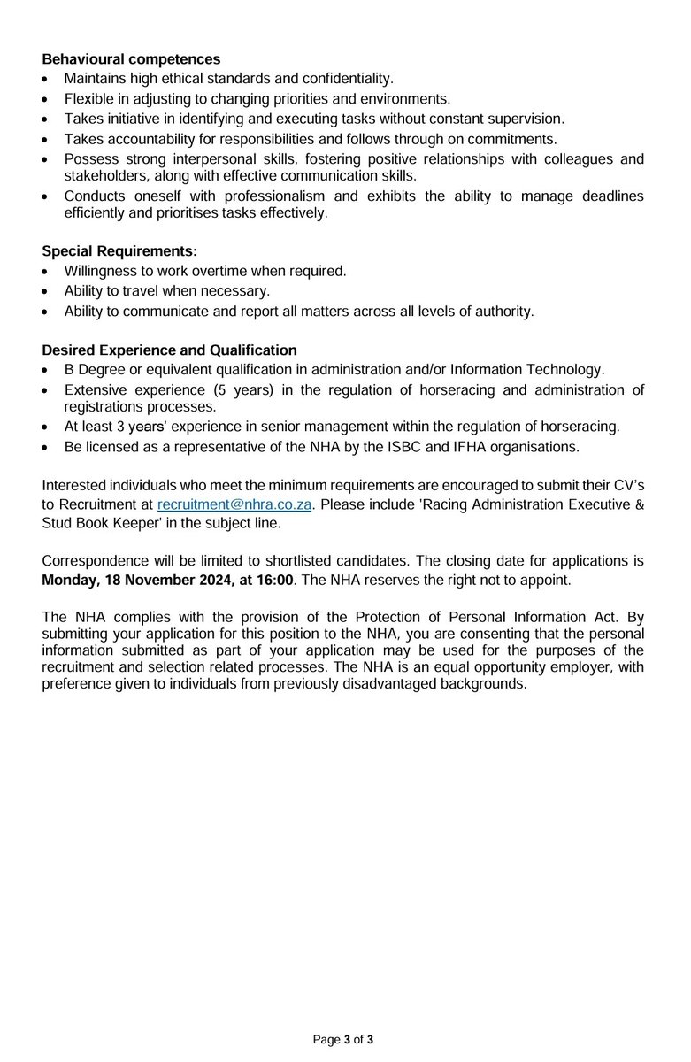 ➡️ The NHA has an open position for a Racing Administration Executive &amp; Stud Book Keeper.

⚠️ The closing date for applications is 16H00 on Monday 18 November 2024.

Please see the attachments for further details ⬇️