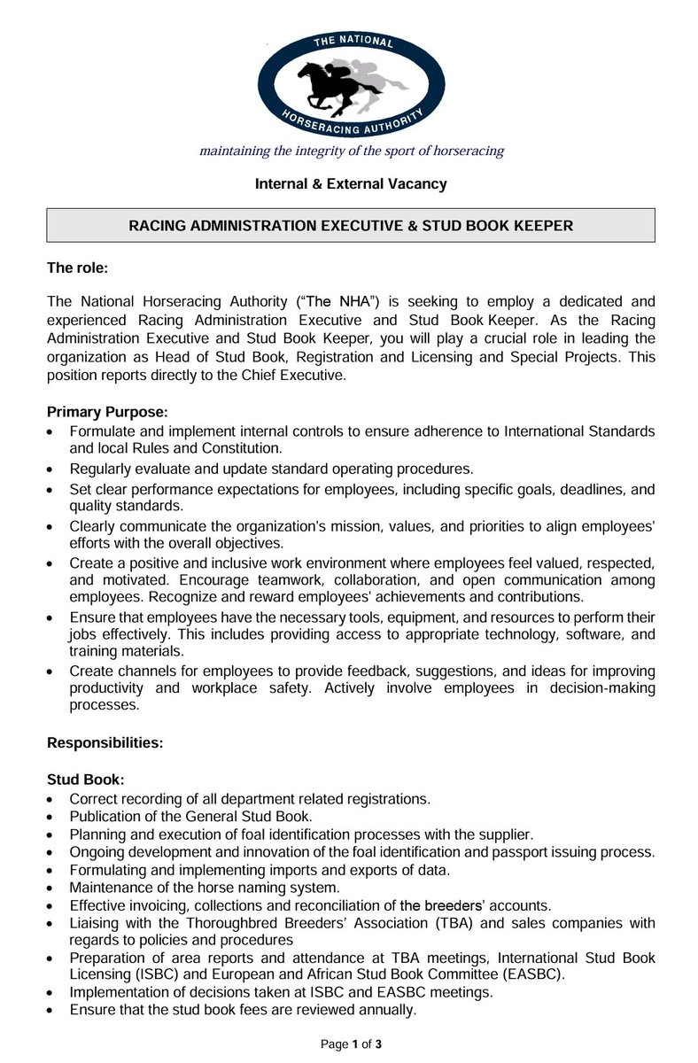 NHASouthAfrica's tweet photo. ➡️ The NHA has an open position for a Racing Administration Executive &amp; Stud Book Keeper.

⚠️ The closing date for applications is 16H00 on Monday 18 November 2024.

Please see the attachments for further details ⬇️ https://t.co/tYZk1MLtVP