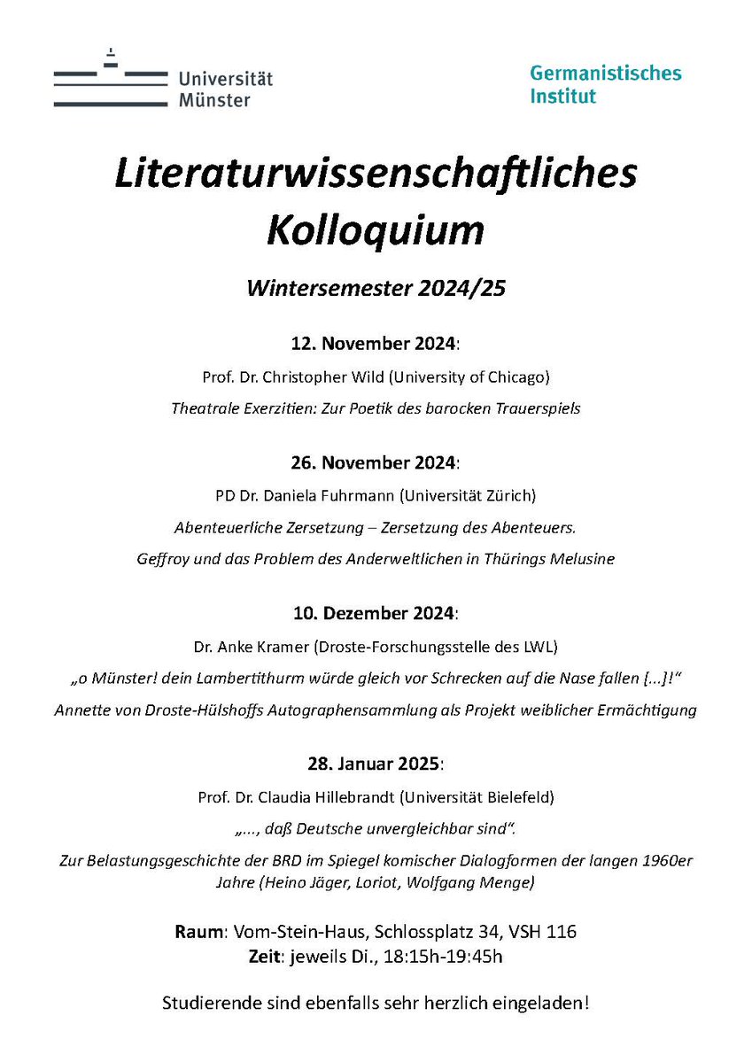 Fachbereich 09 Philologie der Universität Münster (@fb09public) on Twitter photo Das Germanistische Institut <a href="/uni_muenster/">Universität Münster</a> veranstaltet im Wintersemester ein literaturwissenschaftliches Kolloquium. Alle Interessierten sind herzlich eingeladen, Start ist am 12.11. (Di) mit Prof. Dr. Christopher Wild von der <a href="/UChicago/">The University of Chicago</a>. Mehr Infos: uni.ms/cvaq7 Das Germanistische Institut <a href="/uni_muenster/">Universität Münster</a> veranstaltet im Wintersemester ein literaturwissenschaftliches Kolloquium. Alle Interessierten sind herzlich eingeladen, Start ist am 12.11. (Di) mit Prof. Dr. Christopher Wild von der <a href="/UChicago/">The University of Chicago</a>. Mehr Infos: uni.ms/cvaq7