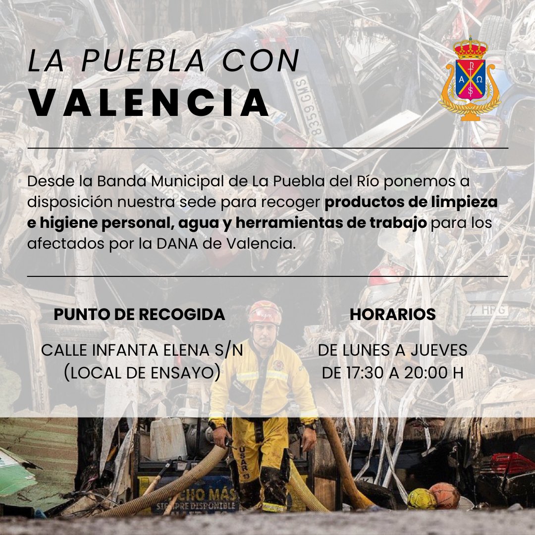 El 𝐚𝐩𝐨𝐲𝐨 𝐲 𝐬𝐨𝐥𝐢𝐝𝐚𝐫𝐢𝐝𝐚𝐝 de los #SonesDeLaPuebla con el pueblo de 𝐕𝐚𝐥𝐞𝐧𝐜𝐢𝐚.

Recogida del 4 al 7 de noviembre en horario de 17:30 a 20:00 horas de productos de limpieza (lejía, fregonas, cubos, bayetas, estropajos…) y de higiene personal (bebés, niños y