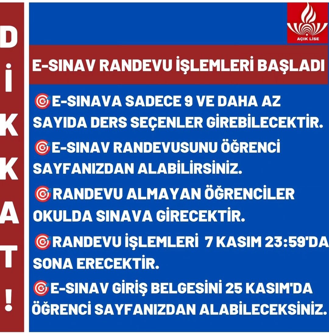 ⚠️⚠️⚠️
Açıköğretim sınavlarına Randevulu olarak girmek istemeyenler,
21-22 Aralık'ta okullarda yüzyüze sınava gireceklerdir.
Randevu almanıza gerek yoktur.