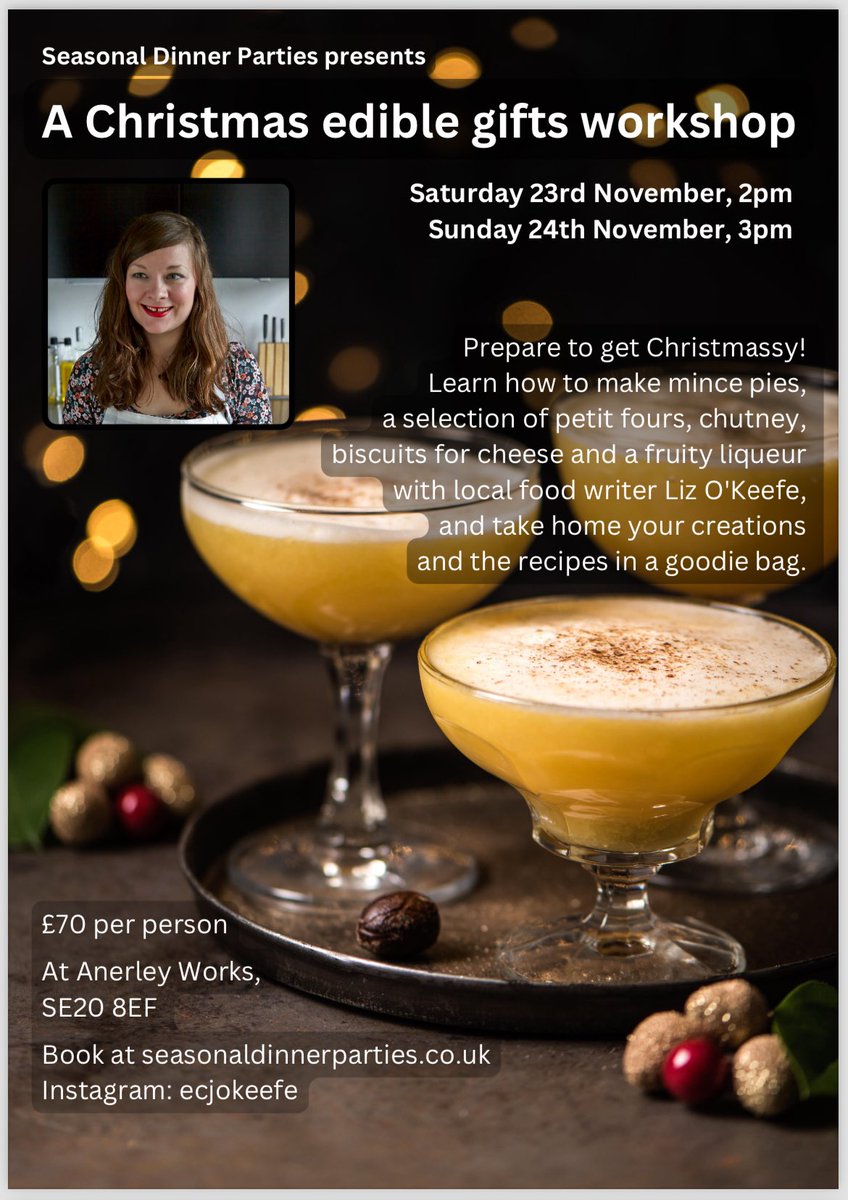 ECJOKeefe's tweet photo. I’m putting on two sessions of a Christmas edible gift cookery workshop this November in Crystal Palace, where I’ll teach you how to make (and you’ll make) mince pies, petit fours, a liqueur, chutney and a savoury biscuit for cheese. Book on my website #christmascookery https://t.co/wS6MZMf54L