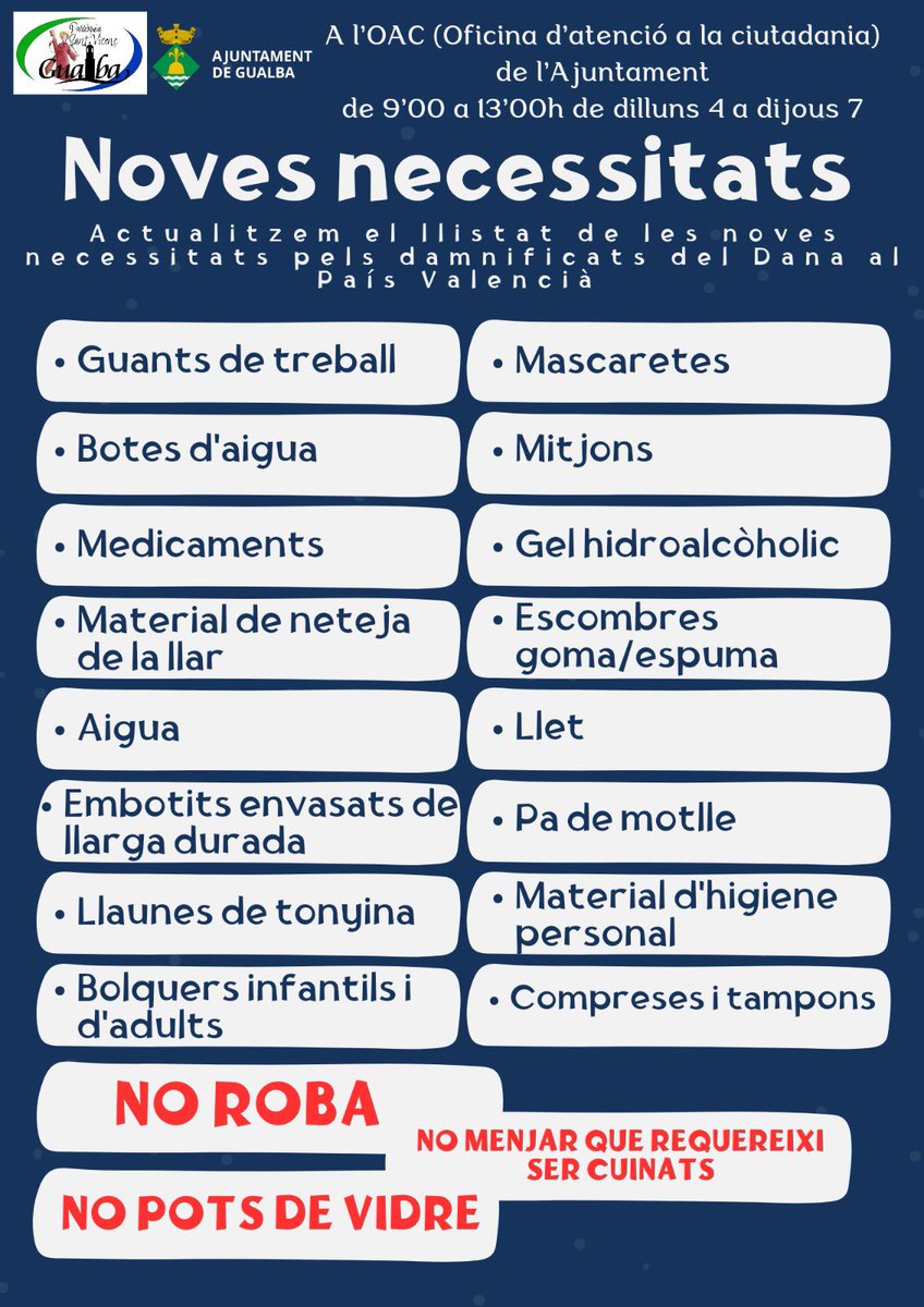 AJUDA A DANA A VALÈNCIA
Continuem. Aquí teniu el llistat actualitzat de les noves necessitats.
Recollirem fins dijous.
#Gualba