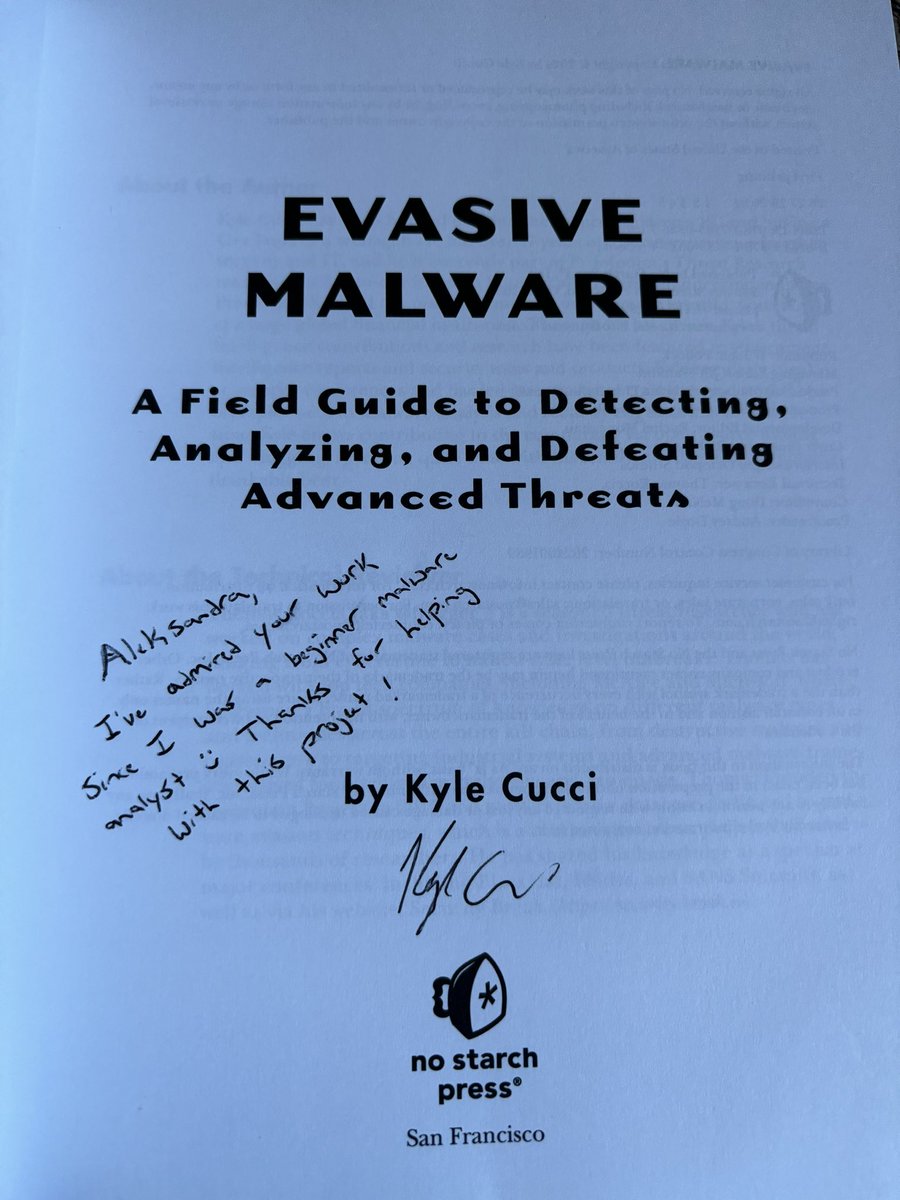 hasherezade (@hasherezade) on Twitter photo This is a really cool book. I am sure it will help to many malware analysts, and be a guiding light and an inspiration for people who want to learn more. I feel honoured that I could have my small contribution in the project. Thank you for the gift, <a href="/d4rksystem/">Kyle Cucci</a> ! This is a really cool book. I am sure it will help to many malware analysts, and be a guiding light and an inspiration for people who want to learn more. I feel honoured that I could have my small contribution in the project. Thank you for the gift, <a href="/d4rksystem/">Kyle Cucci</a> !