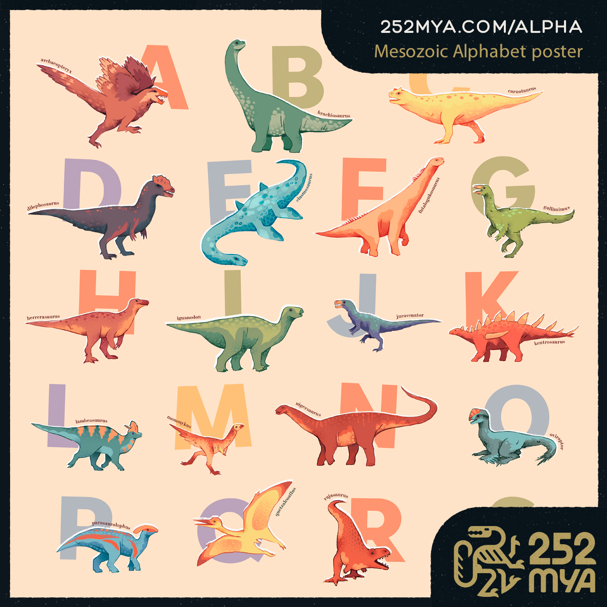 This poster isn't just an alphabet, it's a time-traveling tongue-twisting Mesozoic adventure that educates and entertains, perfect for classrooms, kids' rooms, or any space in need of a prehistoric pick-me-up.

252mya.com/alpha

Art by @Tritrichoupi

#fossils #paleontology
