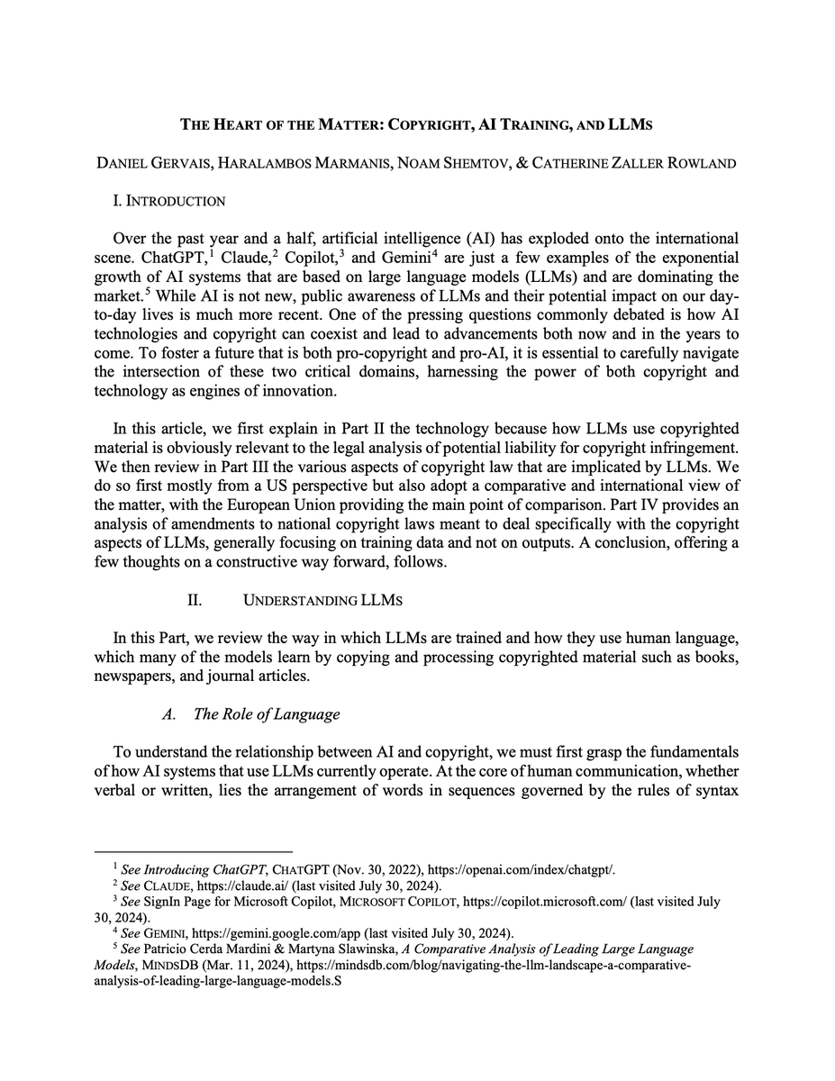 🚨 If you're interested in AI COPYRIGHT, the paper "The Heart of the Matter: Copyright, AI Training, and LLMs" by <a href="/DanielGervaisIP/">Daniel Gervais</a>, Noam Shemtov, <a href="/marmanis/">Haralambos Marmanis</a> &amp; Catherine Zaller Rowland is a must-read. Here's why:

╰┈➤ Since the recent Generative AI boom started in November 2022,