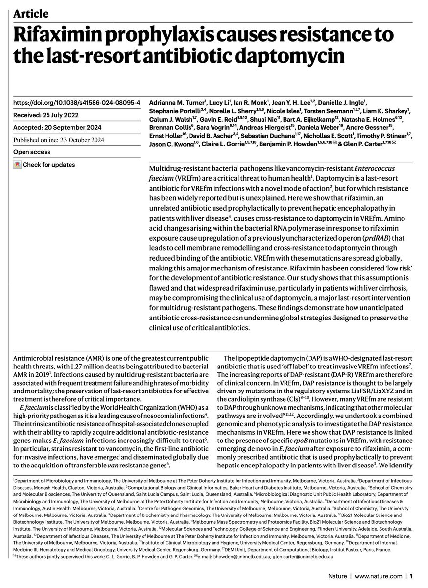Does antibiotic prophylaxis favor multi-resistant bacteria in cirrhosis ? If so, should we stop giving prophylaxis after a SBP episode ?

This paper in <a href="/Nature/">nature</a> shows that widespread prophylaxis with Rifaximin can lead to total resistance to antibiotics !

t.ly/cRy9X