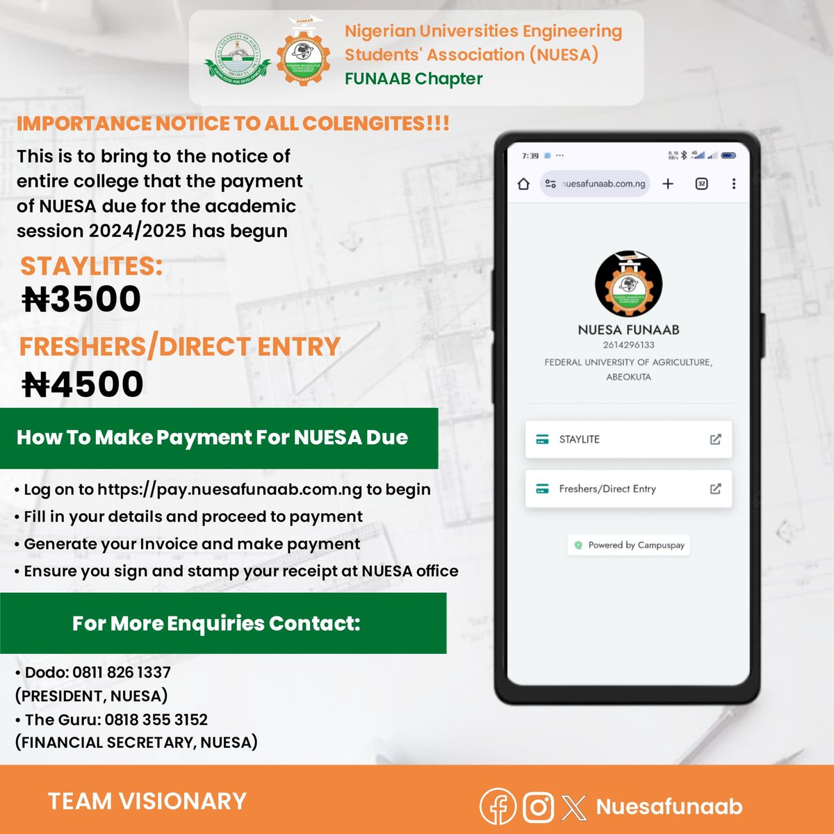 nuesafunaab's tweet photo. NUESA payment for 2024/2025 academic session is NOW OPEN

COLENGites🧡, don't miss out on the benefits of being a member. Pay your dues today!

Link: https://t.co/de0JbBkBLw

#NUESAFUNAAB 
#TeamVisionary https://t.co/r7wos4HeYN