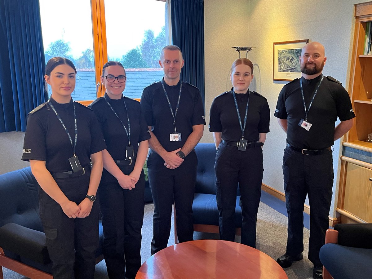 Today I welcomed a further 4 new Probationary Constables to Dumfries and Galloway Division, after successful completion of their initial training at <a href="/PSOSCollege/">Police Scotland College</a>. Following their divisional induction today, they will be deployed to our communities across <a href="/PSOSDandG/">Police Scotland Dumfries & Galloway</a>.”