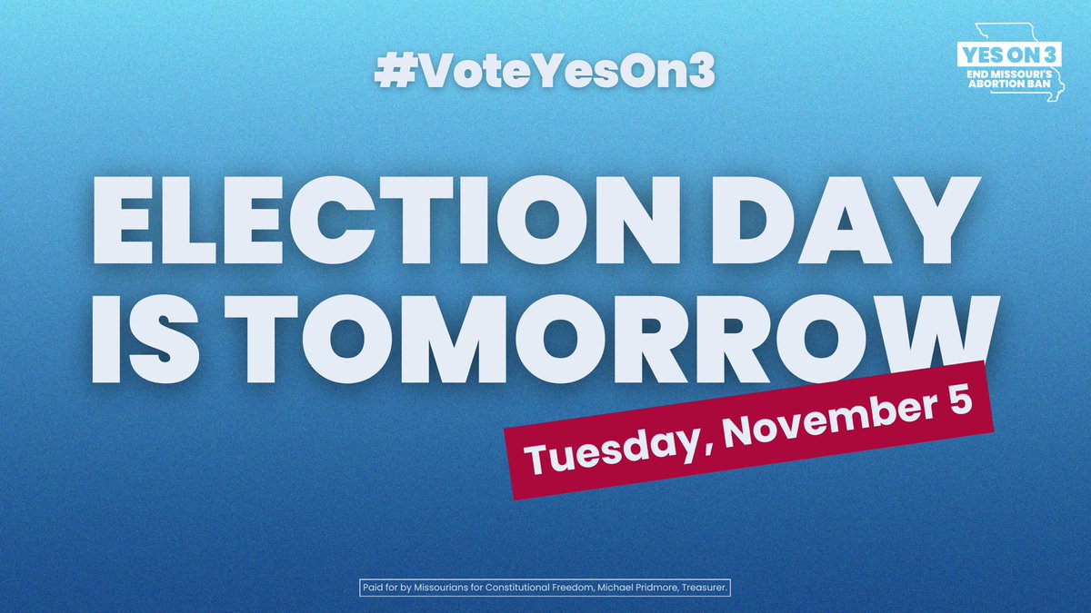 Election Day is tomorrow, Tuesday November 5!  Together we’re going to end the abortion ban and protect reproductive freedom by voting YES on 3. 

Polls open at 6AM. Remember, If you are in line by 7 PM, you have a right to vote!