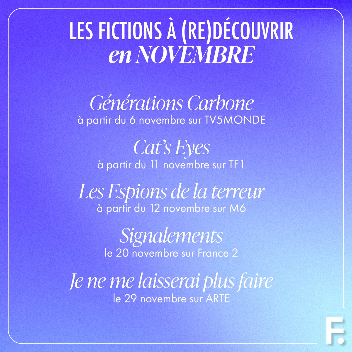 ✨Notre sélection pour novembre ✨
Profitez de ce temps automnal pour (re)découvrir les œuvres en sélection officielle au Festival de la Fiction 2023 et 2024 ! 
#fftv2024 #festival #fiction #series #watchlist #programmetv