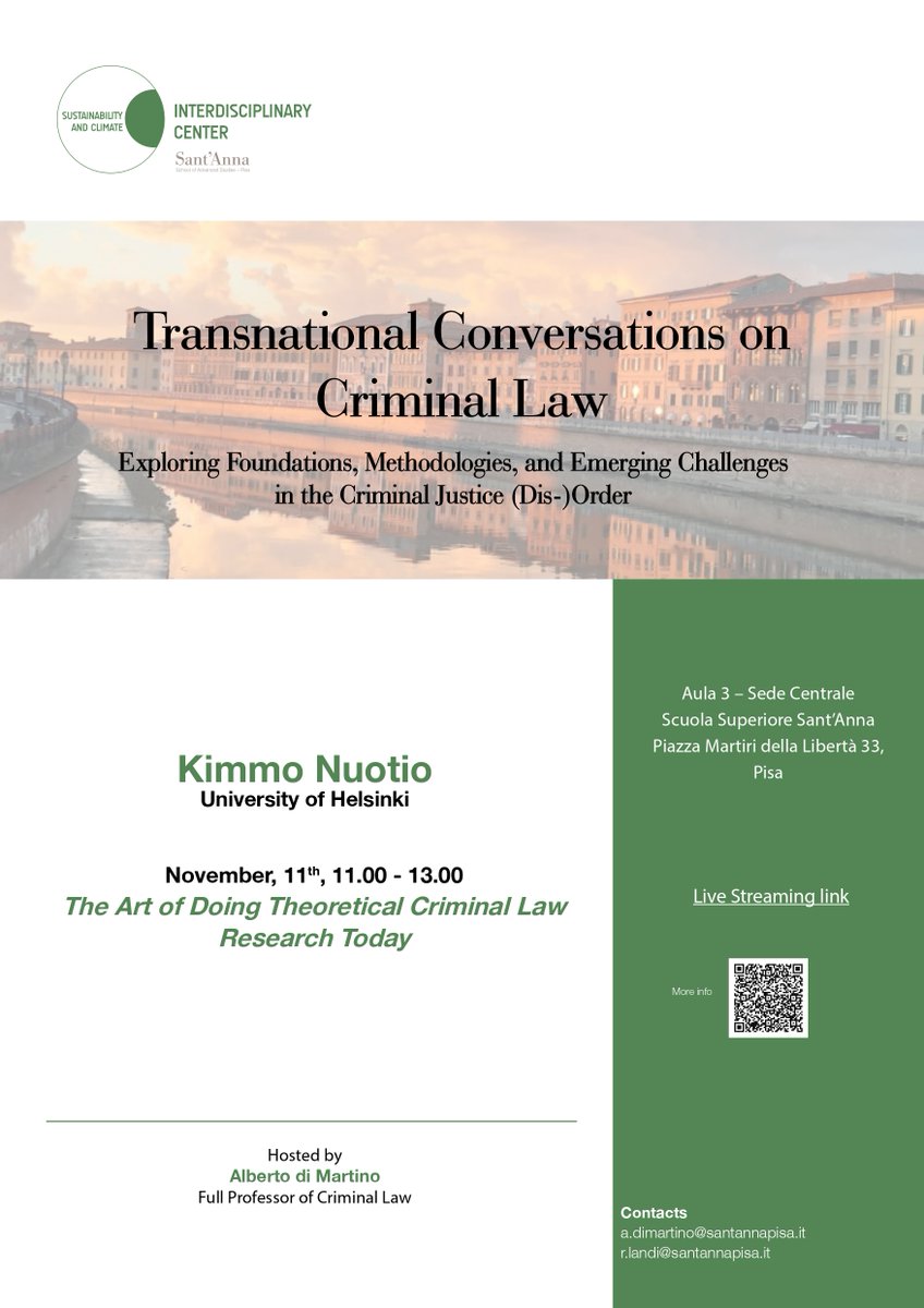 The Art of Doing Theoretical #CriminalLaw #Research Today: A Transnational Conversation with Prof. <a href="/KimmoNuotio/">Kimmo Nuotio</a>.
On Monday 11th November, at 11 am &gt; Aula 3 Sede Centrale - Scuola Superiore Sant'Anna.