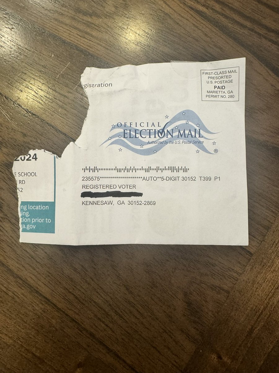 CoryFollis's tweet photo. @GaSecofState found this in my mailbox this morning. Looks like someone ripped off location of where I should go vote. Isn’t this tampering? Luckily, I’m smarter than these people doing this and know where to vote and already voted early. @USPS @realDonaldTrump 🔴🔴 https://t.co/bdiOkUdnGt
