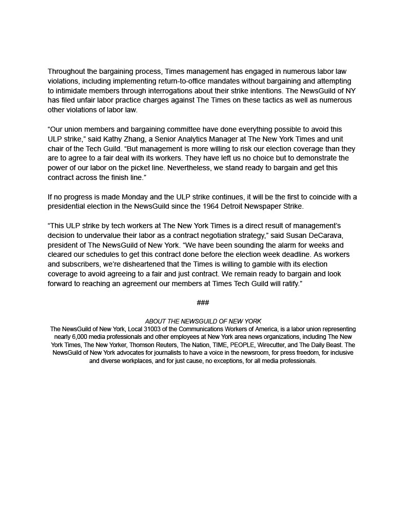 ULP STRIKE ALERT (Thread, 1 of 4): Our <a href="/NYTGuildTech/">New York Times Tech Guild</a> members have walked off the job despite making every effort to negotiate with management. Our members know their worth and they will prove that at the picket line today. Read more here....
