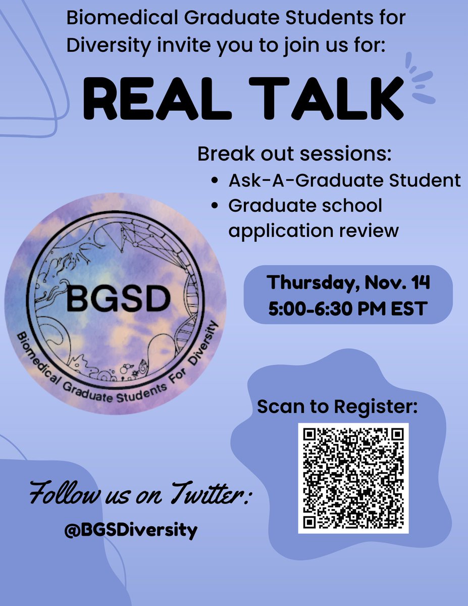 BGSD will be hosting a Real Talk event next week (Thursday, November 14th) on Zoom! Please share this event with any undergraduate students you know. 
Undergraduates can register by scanning the QR code or using this link: docs.google.com/forms/d/e/1FAI…