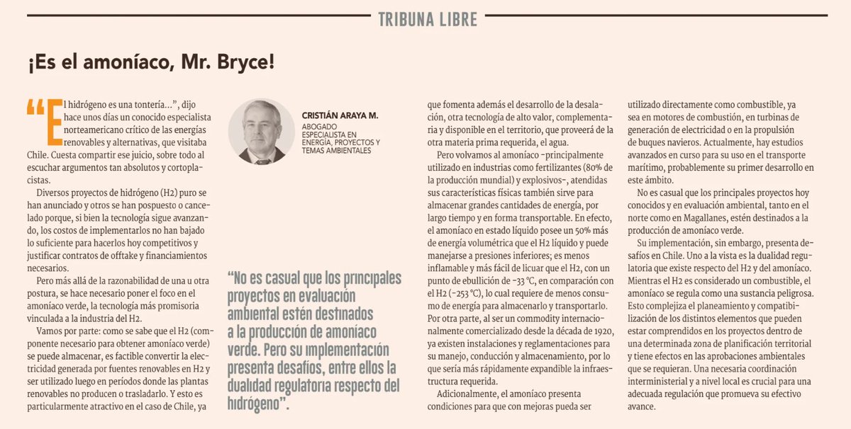 💬 #OpiniónDF | ¡Es el amoníaco, Mr. Bryce!- Cristián Araya, Abogado especialista en energía, proyectos y temas ambientales
df.cl/opinion/cartas…