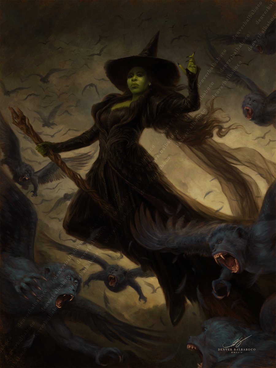 "Look to the Western Sky"

Referenced from the song "Defying Gravity" and the scene in second act of the <a href="/WICKED_Musical/">Wicked the Musical</a> where Elphaba rises against the Wizard, liberating the winged monkeys. 🧹🧹🧹

#CynthiaErivo #ArianaGrande <a href="/wickedmovie/">Wicked: For Good</a> #digitalpainting 

IG denvertakespics