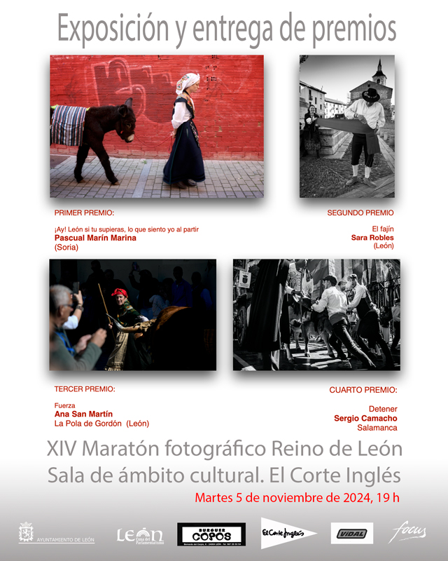 Entrega de premios y exposición del XIV maratón fotográfico Reino de León
Sala de ámbito cultural de El Corte Inglés
Martes 5 de noviembre de 2024, 19 h focusleon.es/entrega-de-pre… #agendaleon #ocioleon #culturaleon #eventosleon #leonesp #agendaleoncultural #leonspain #leoncultura