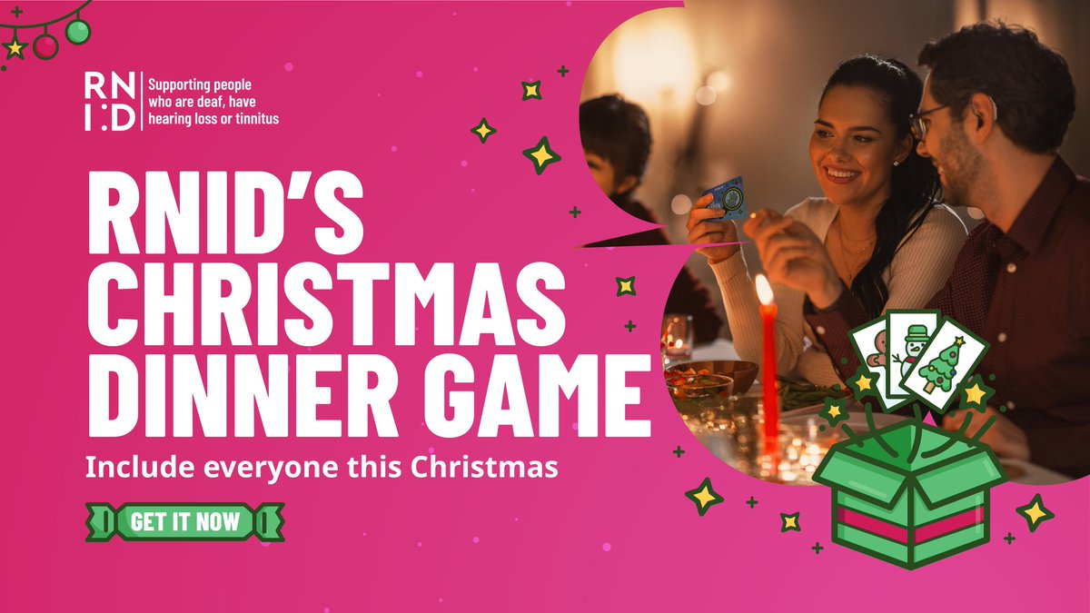RNID's tweet photo. Have a deaf aware Christmas this year by playing RNID’s Christmas Dinner Game.

🎄 Get your Christmas Dinner Game
🌟 Have fun with friends and family
💚 Make life inclusive for those who are deaf, have hearing loss or tinnitus.

Order yours today: https://t.co/7iSicjHXlr https://t.co/IX71C1kll6