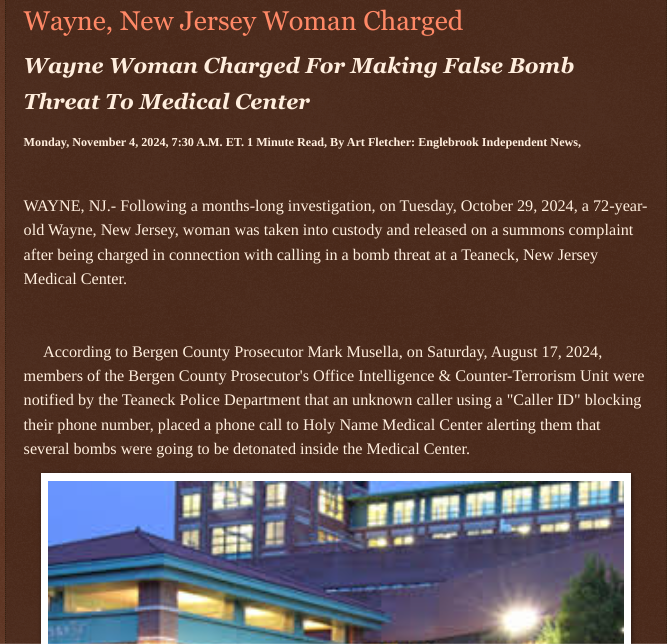 ArtFletcher9's tweet image. Wayne, New Jersey Woman Charged englebrookindependentnews.com/2024/11/04/way… via @Englebrooknews #bergencountynj #teanecknj #holyname #medicalcenter #waynenj #bomb #threat #charge @wireless_step @HRG_Media @LodiNJNews @SugarMAGA @fordmb1 @SarahGeving1 @Shannon96574094 @Daytobehappy @janninereid1
