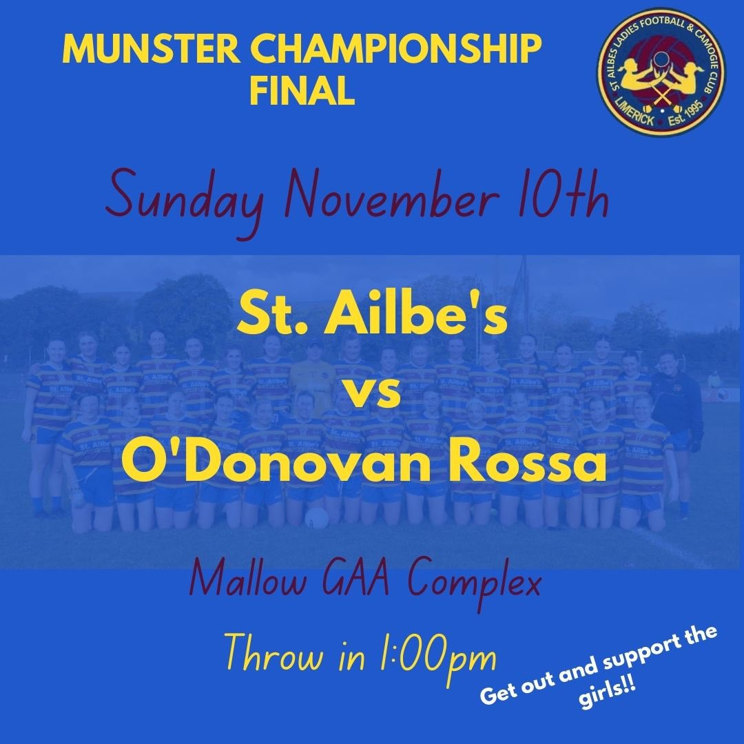 StAilbes's tweet photo. Best of luck to our Senior Footballers in the Munster Final this weekend 💙💜💛

🆚 @rossasabu 
📆 Sunday November 10th 
📍 Mallow GAA Complex 
⏰ 1:00pm 

Looking forward to seeing our club colours in Mallow this weekend shouting on our Senior team! 💙💜💛 https://t.co/vsc9Mov89Y