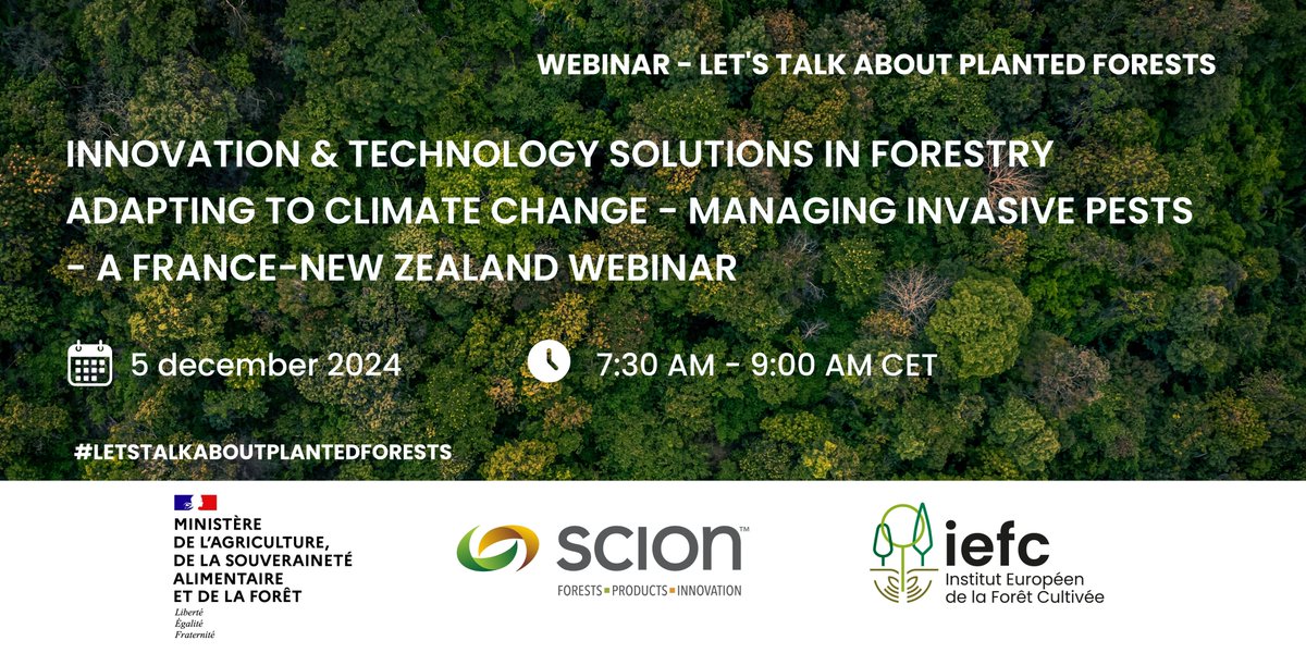 🔴📽️Let’s Talk About Planted Forests - Webinar

📅5 december 2024
🕑7:30 AM to 9:00 AM (France)
🕑7:30 PM to 9:00 PM (New Zealand) 

 ➡ Accessible online or in-person at the📍SCION Institute

 📢 Registration 👉 bit.ly/3AzQGhx

<a href="/europeanforest/">European Forest Institute (EFI)</a> <a href="/IUFRO/">IUFRO</a> <a href="/scion_research/">Scion Research</a>