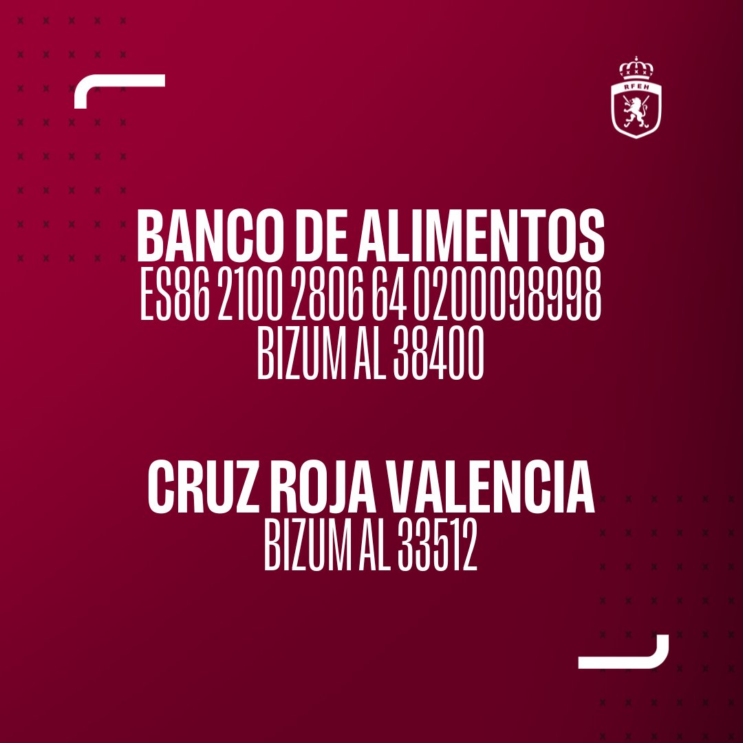 Fuerza, Valencia ❤️‍🩹

Valencia ha dado mucho por el hockey. Ahora toca que el hockey se lo devuelva.

👉 Info sobre donaciones a Banco de Alimentos y Cruz roja deslizando en el post.

#HockeyEspaña