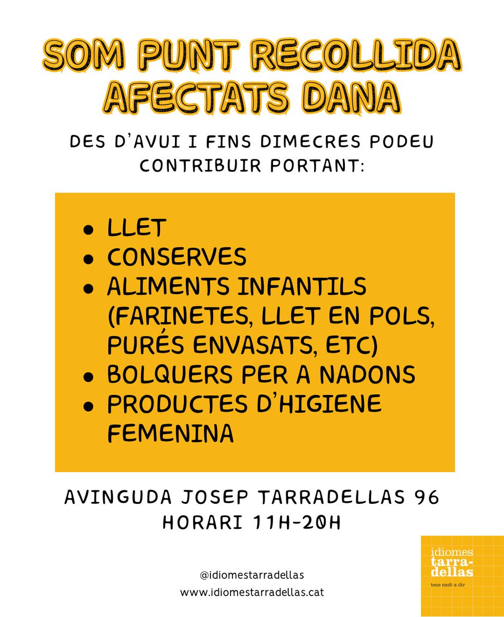 id_tarradellas's tweet photo. Des d'avui i fins dimecres, som punt de recollida per ajudar els afectats per la Dana.
Si us plau, porteu coses que figurin a la llista ja que estem seguint indicacions de l'ajuntament de Barcelona.
Us demanem que en feu difusió!

Moltíssimes gràcies per la vostra col·laboració. https://t.co/q3rBgDDLT5