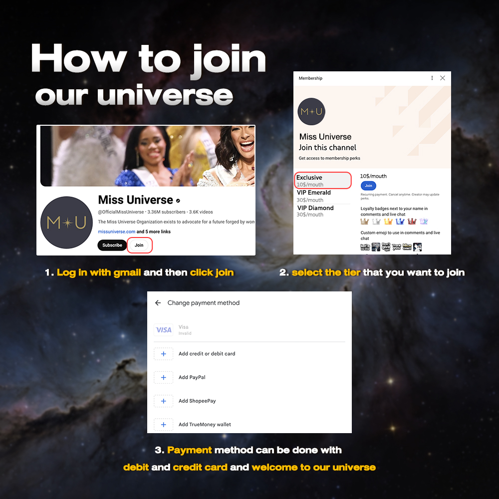 MissUniverse's tweet photo. ✨Join the Miss Universe Youtube Membership to get exclusive access to see the 73rd Miss Universe delegates behind the scenes: Registration & Fittings, Rehearsals, and more! 🌎

💙 Exclusive Tier – Dive into behind-the-scenes access and moments you won’t find anywhere else.
💚 VIP Emerald Tier – Enjoy the excitement of the Prelims.*
💎 VIP Diamond Tier – Feel the thrill of Finals Night up close.*

Join now to follow each delegate’s journey to confidently showing their beautifully authentic selves.
https://t.co/7UqdBDCSYO

*please see availability of the Youtube stream in your country.